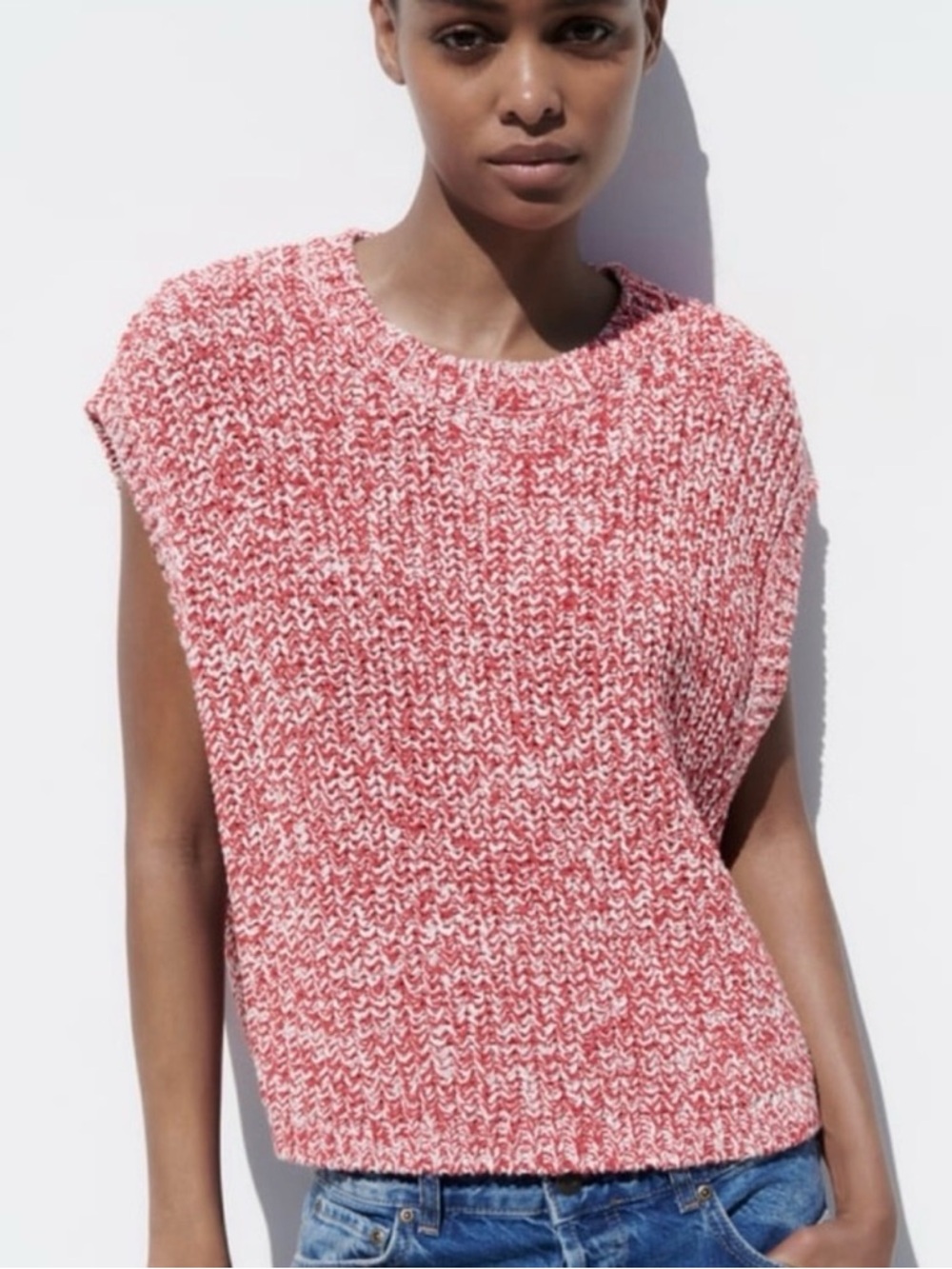 Zara Large Red Oversized Chunky Knit Sleeveless Sweater Top Preppy